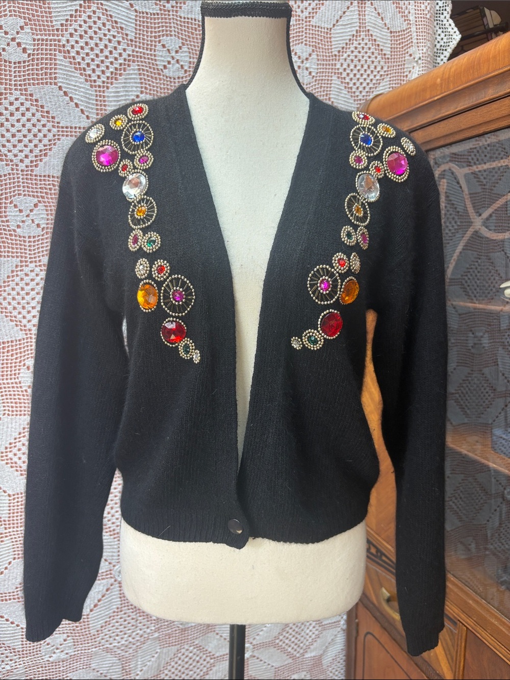 Vintage Cezanne Black Silk Angora Embellished Cardigan – Size M